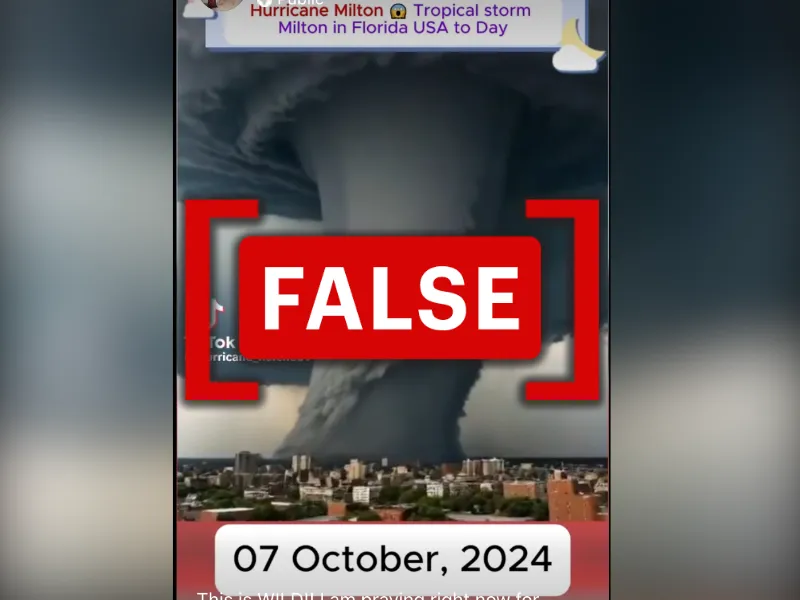 Screenshot of TikTok video, attributed to Hurricane Milton, containing old and computerized footage (Source: TikTok/"False" label added by Logically Facts)